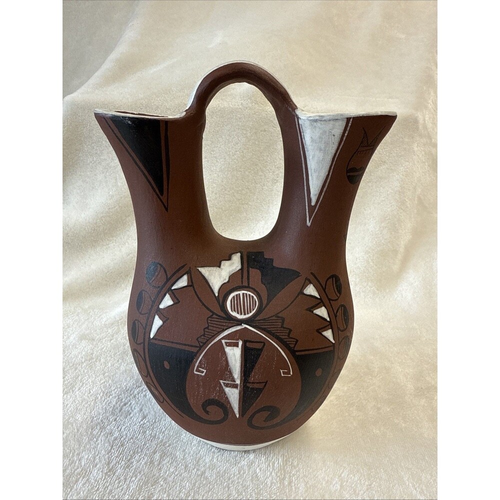 Vintage Mexican Pottery Wedding Vase Handmade Painted Signed Native American